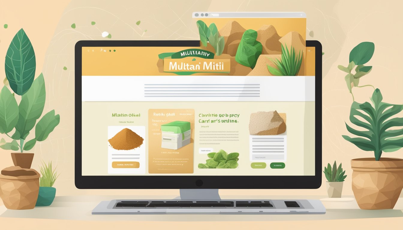 A computer screen displaying a website with "Multani Mitti Buy Online" in bold letters, surrounded by images of packaged clay and a "Add to Cart" button
