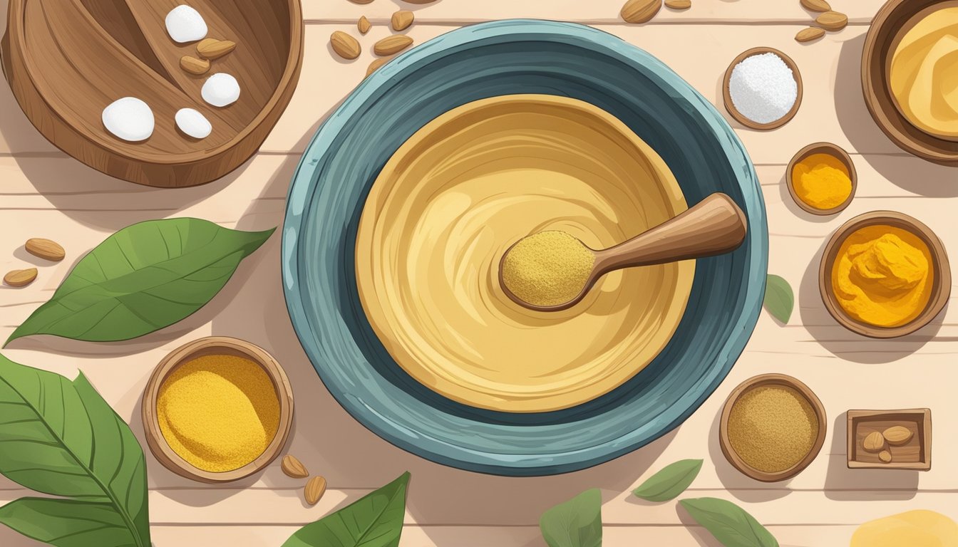 A bowl of multani mitti sits on a wooden table, surrounded by various skincare ingredients like rose water and turmeric. A mortar and pestle can be seen nearby, indicating the process of mixing and preparing the natural skincare product