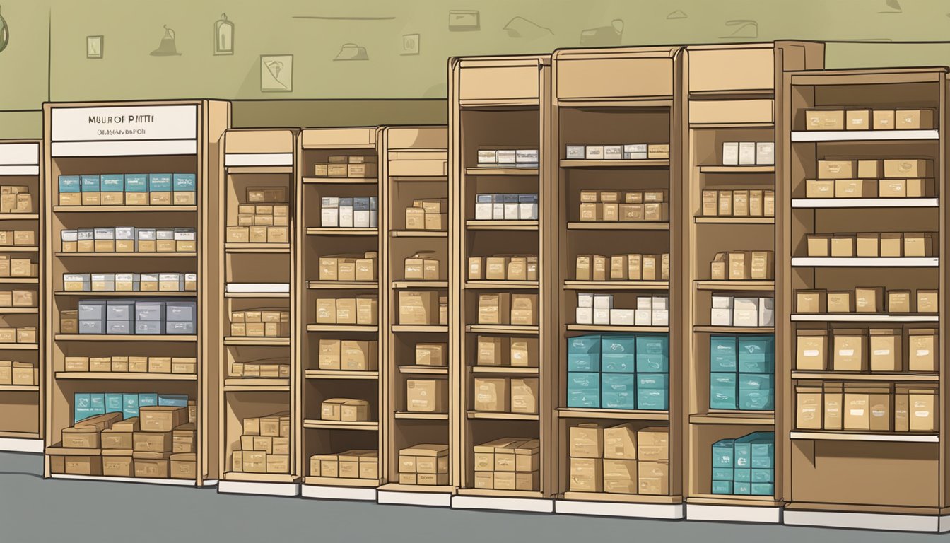 Multani mitti packages stacked on shelves, with online purchase options displayed on a computer screen
