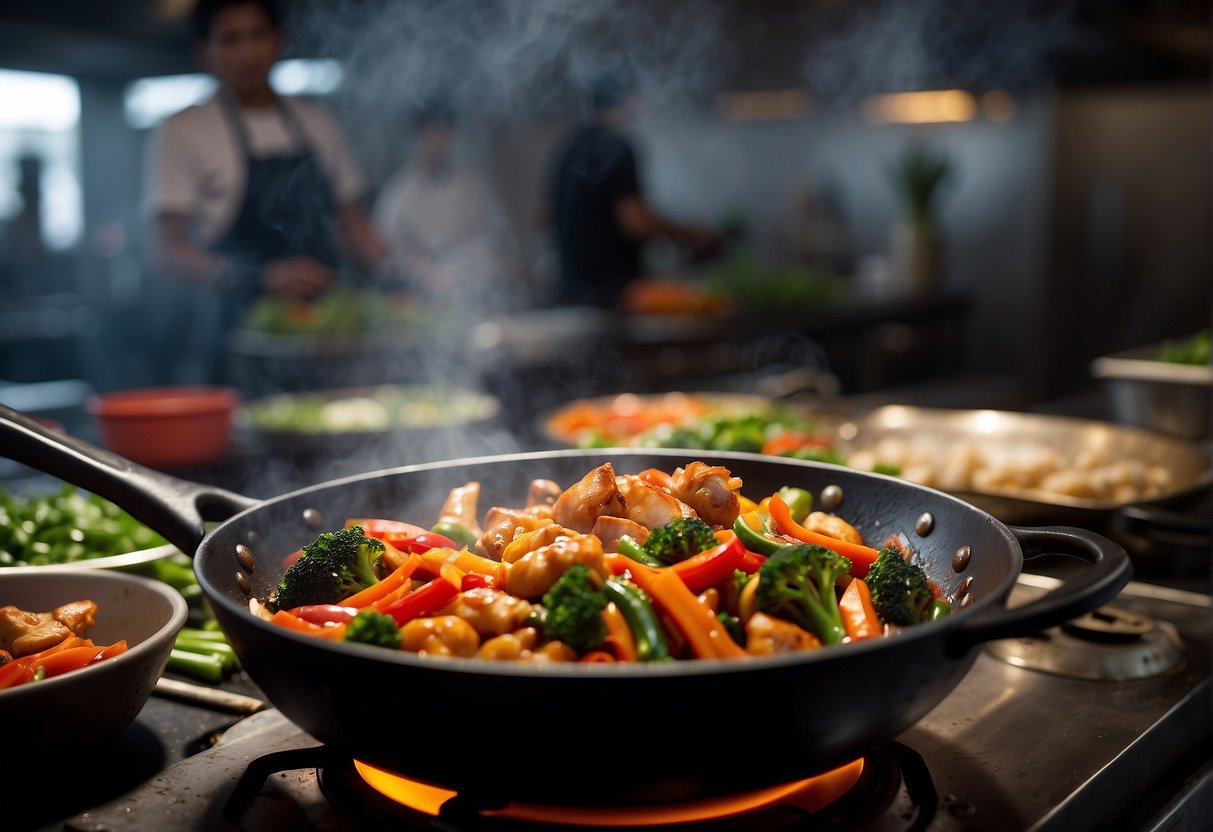 A wok sizzles with vibrant veggies and tender chicken, as aromatics fill the air in a bustling Chinese kitchen