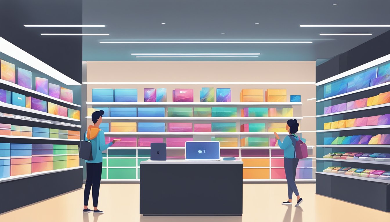 An electronics store in Singapore displays various iPad Pro models on sleek, minimalist shelves. Bright lighting highlights the products, and a helpful sales associate assists a customer with a purchase