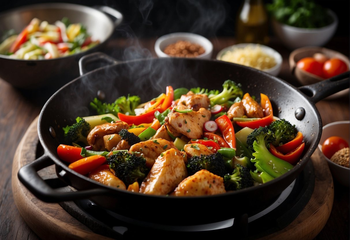 A table filled with colorful ingredients like vegetables, chicken, and spices. A wok sizzling with stir-fried chicken and veggies in a savory sauce
