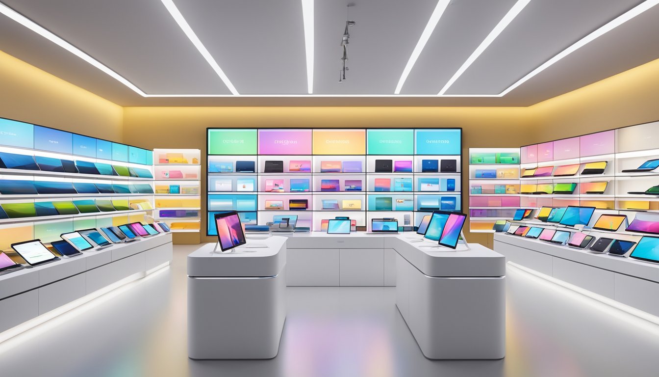 A display of various iPad Pro models in a sleek and modern electronics store in Singapore, with bright lighting and clean, minimalist displays