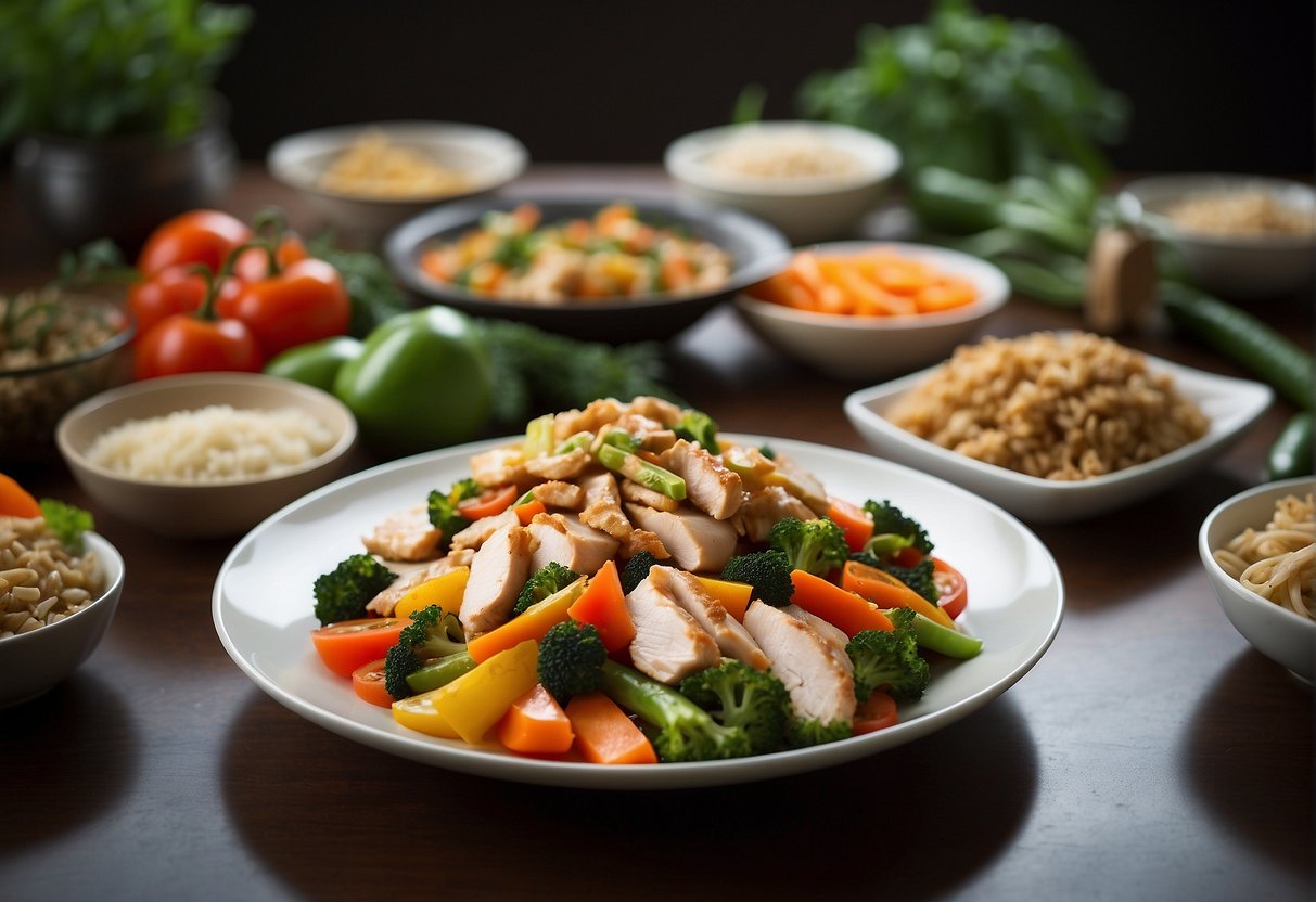 A platter of colorful stir-fried vegetables and tender, sliced chicken arranged in an artful, balanced display