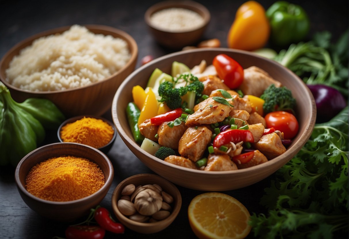 A table with a variety of colorful, fresh ingredients such as vegetables, lean chicken, and traditional Chinese spices. A cookbook open to a page titled "Healthy Chinese Chicken Recipes" sits nearby