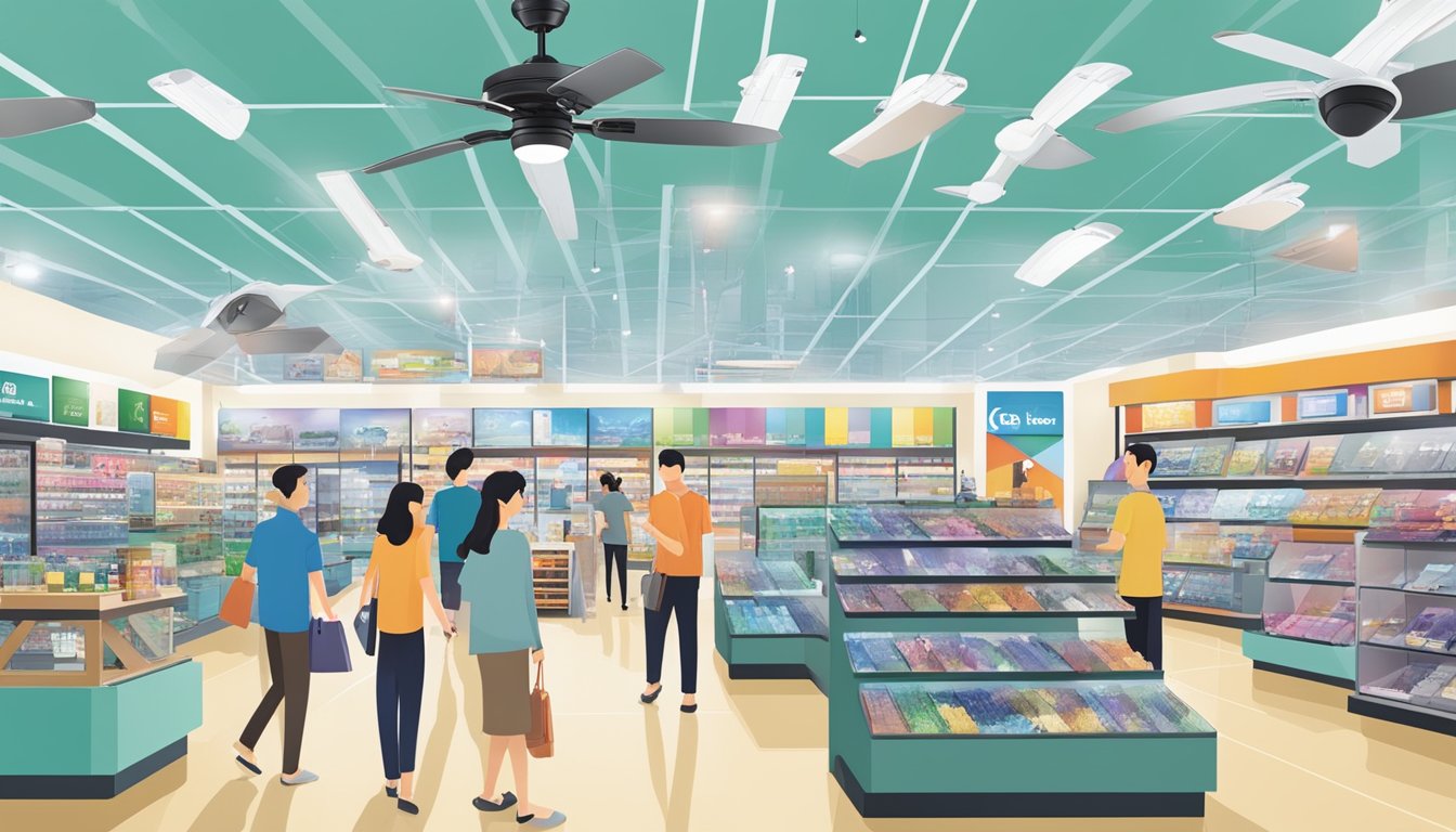 A bustling electronics store in Singapore displays a variety of KDK ceiling fans in different sizes and colors, with customers browsing and making purchases