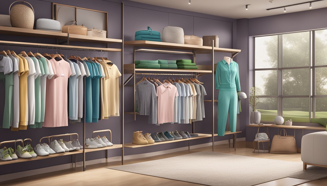 A display of women's golf clothing brands arranged on racks and shelves in a stylish boutique setting