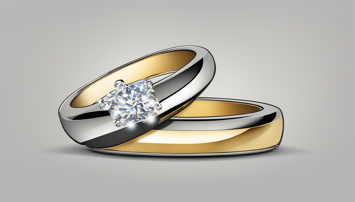 Two wedding rings displayed on a sleek, modern website interface with a secure checkout button