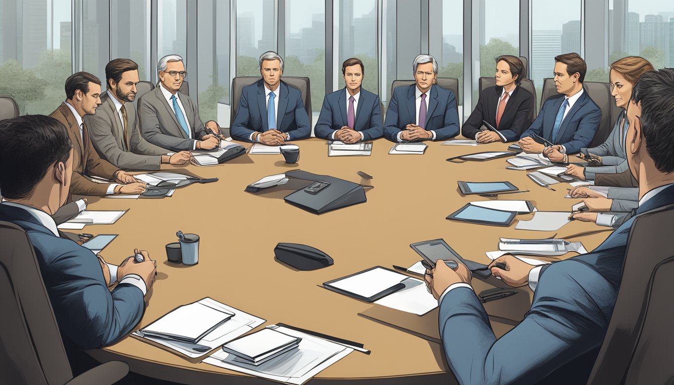 A group of executives sit around a large conference table, each with a determined expression. The CEO sits at the head of the table, while other key personalities are positioned strategically around the room. The corporate structure is evident in the way they interact and communicate