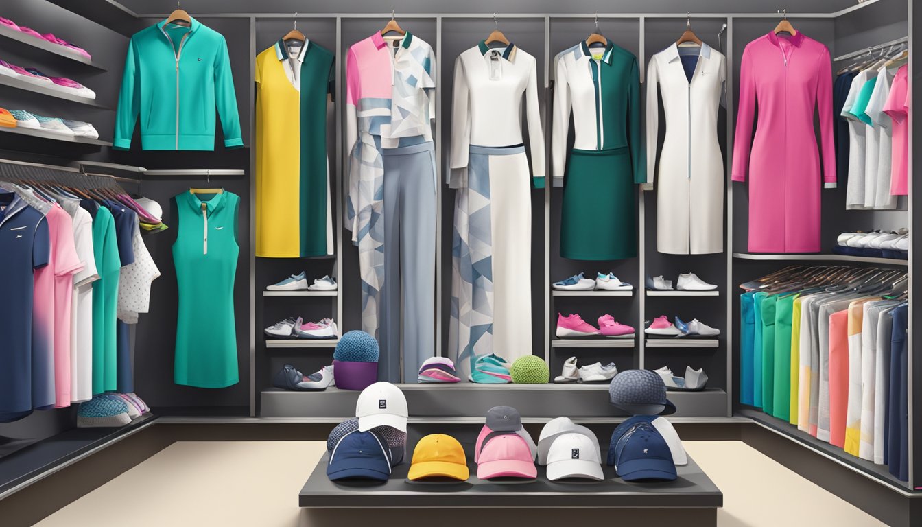 A display of top women's golf apparel brands with stylish and modern designs. Bold colors and sleek silhouettes stand out on the shelves