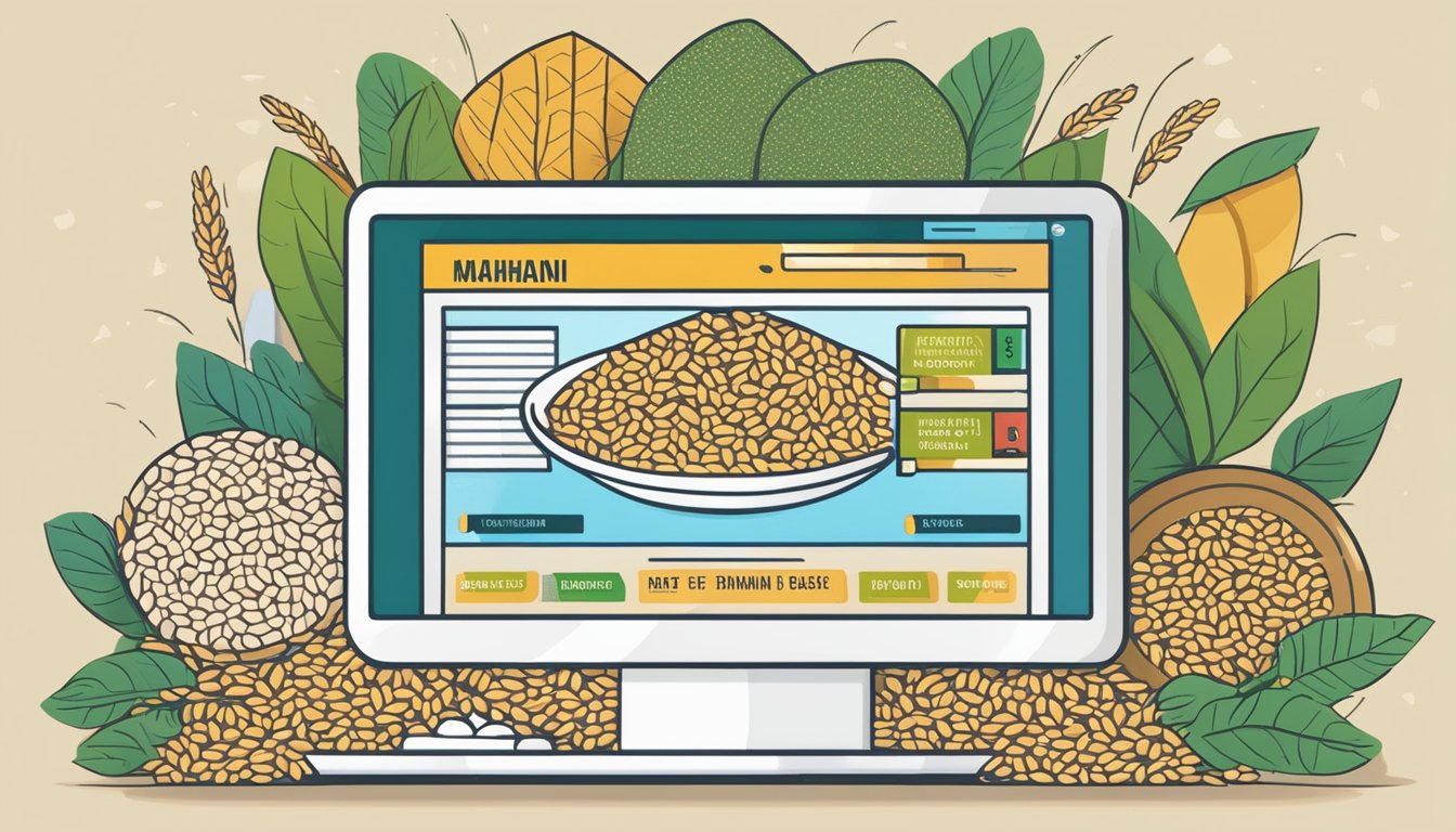 A computer screen displaying a website with the words "Maharani Basmati Rice Buy Online" in bold lettering, surrounded by images of rice grains and packaging