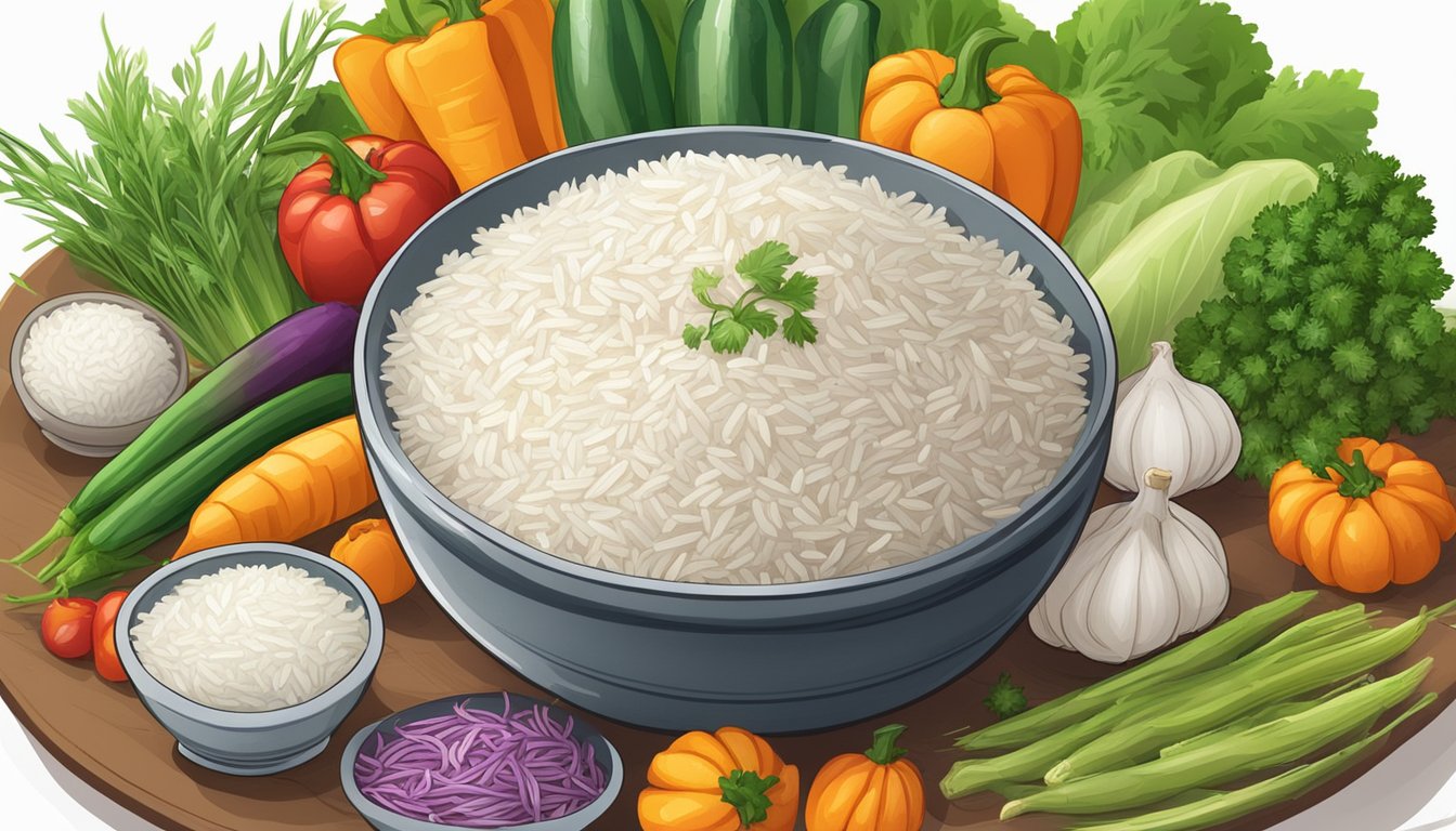A bowl of Maharani Basmati rice surrounded by colorful vegetables and herbs, with a label indicating its health benefits