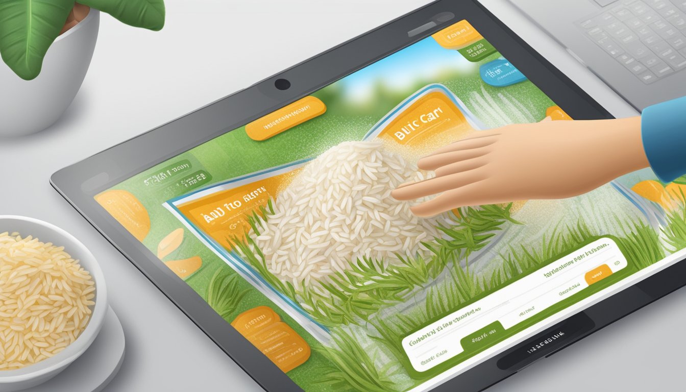 A hand clicks "Add to Cart" for Maharani Basmati Rice on a laptop screen. The website shows the product, price, and "Buy Now" button