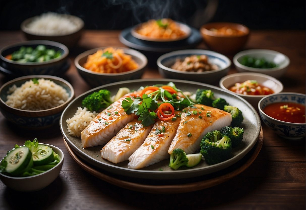 A table set with a variety of colorful and aromatic Chinese dishes, including steamed fish, stir-fried vegetables, and rice