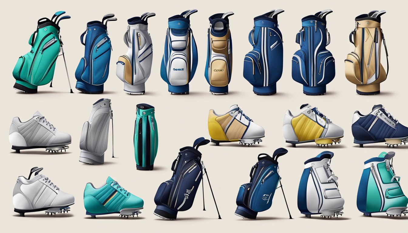 A golf bag sits open, revealing neatly folded women's golf clothing brands. A visor, polo shirt, skort, and golf shoes are prominently displayed