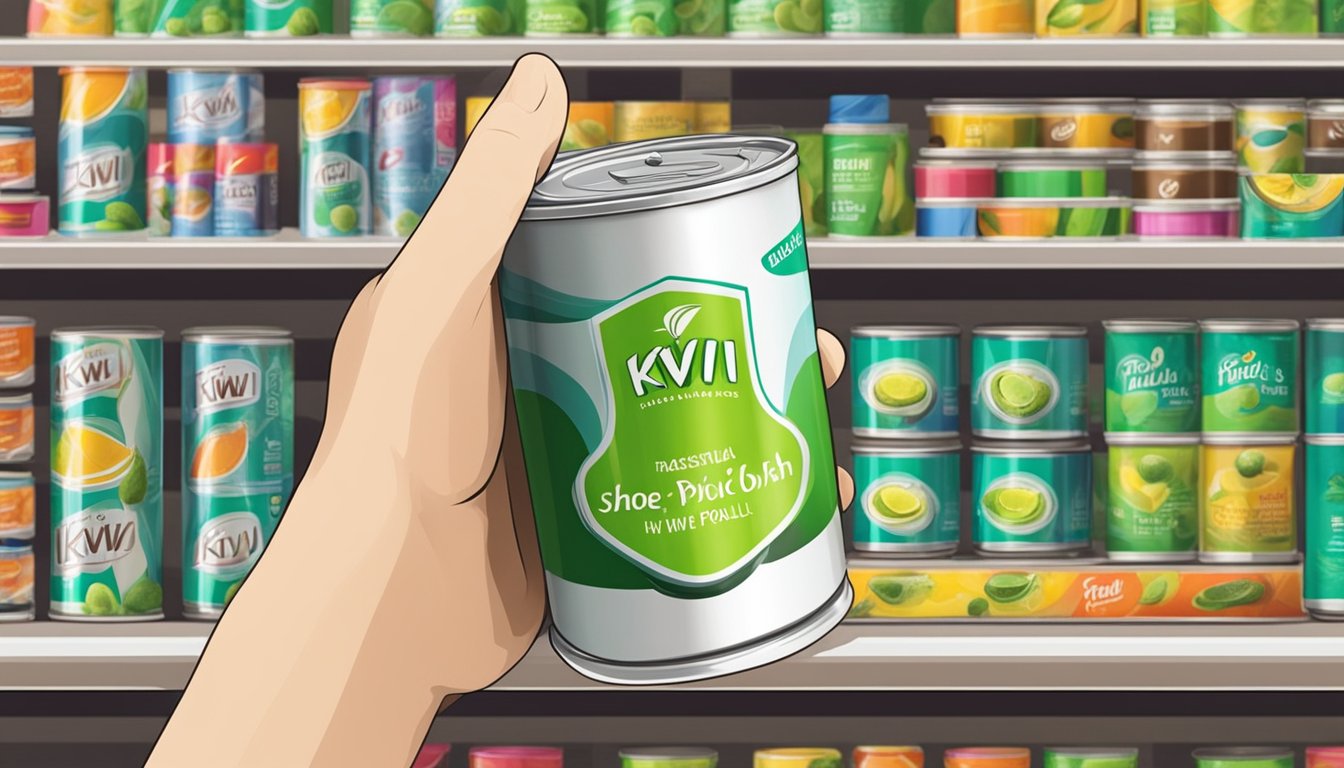 A hand reaching for a can of Kiwi Shoe Polish on a shelf in a well-lit store. Bright packaging stands out against the background