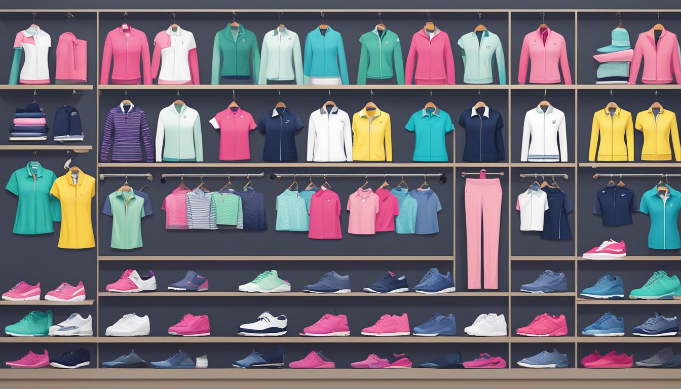 A display of various women's golf clothing brands arranged on shelves with colorful and stylish designs