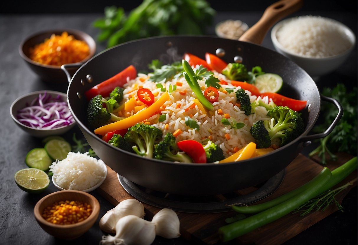 A wok sizzles with vibrant vegetables and lean protein, surrounded by aromatic herbs and spices. A steaming pot of fragrant rice sits nearby, ready to complement the nutritious and delicious Chinese dishes