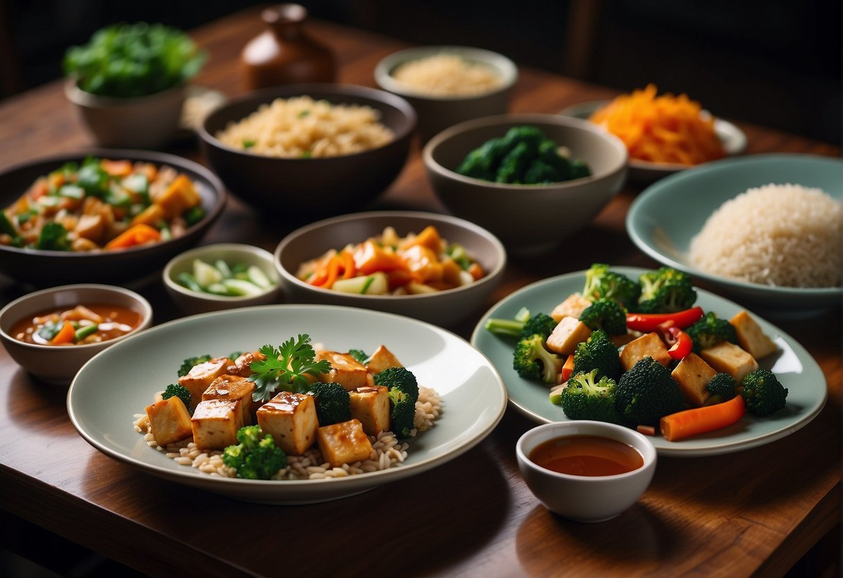A table set with a variety of colorful and appetizing Chinese dishes, including steamed vegetables, stir-fried tofu, and brown rice