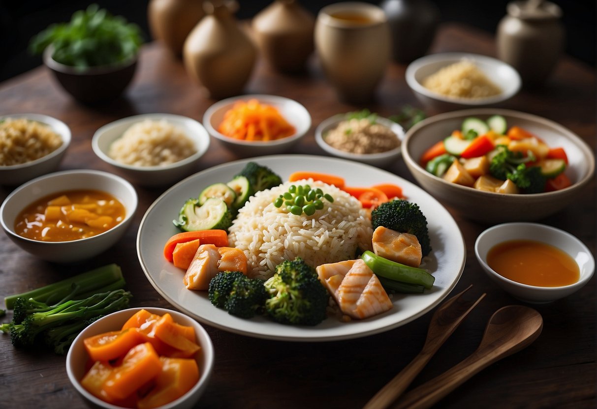 A table set with colorful stir-fried vegetables, steamed fish, and brown rice, with a variety of sauces and seasonings arranged neatly