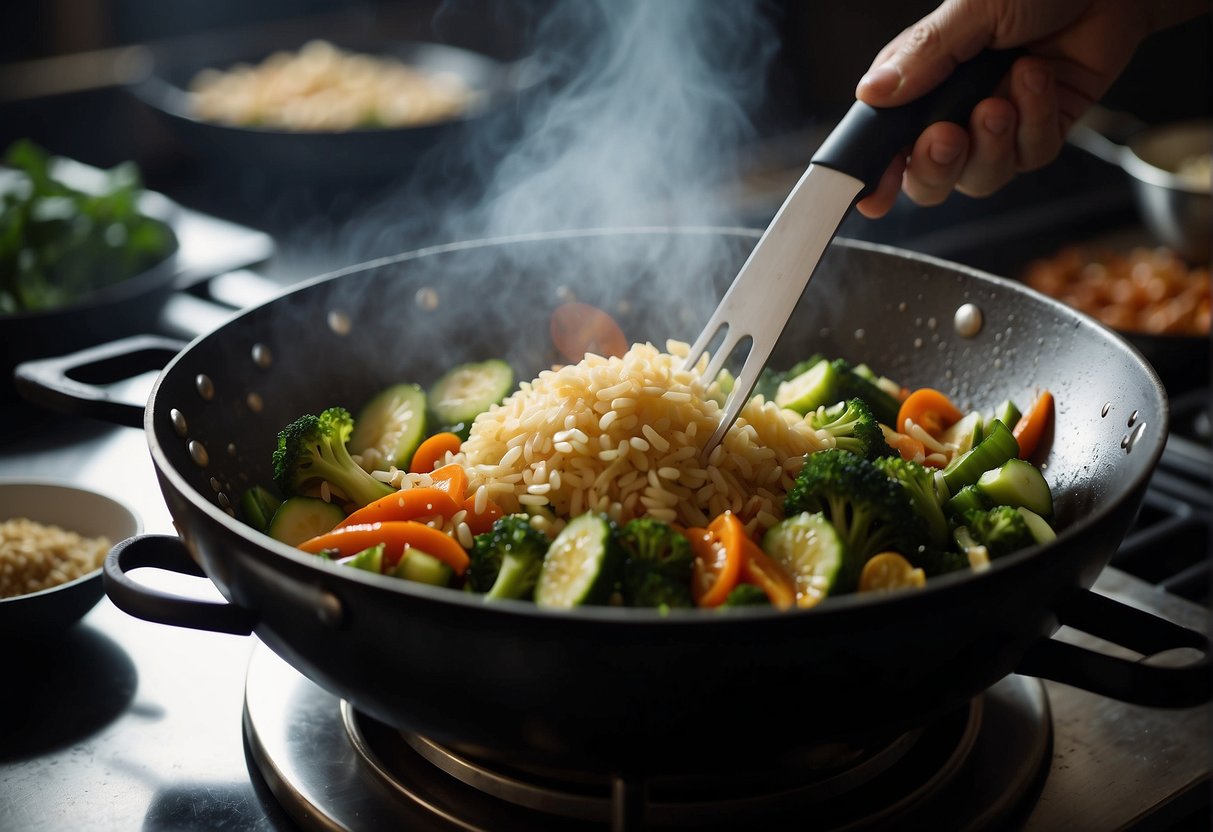 A wok sizzles with stir-fried vegetables and lean protein. Steam rises from a pot of brown rice. A chef's knife slices through fresh ginger and garlic