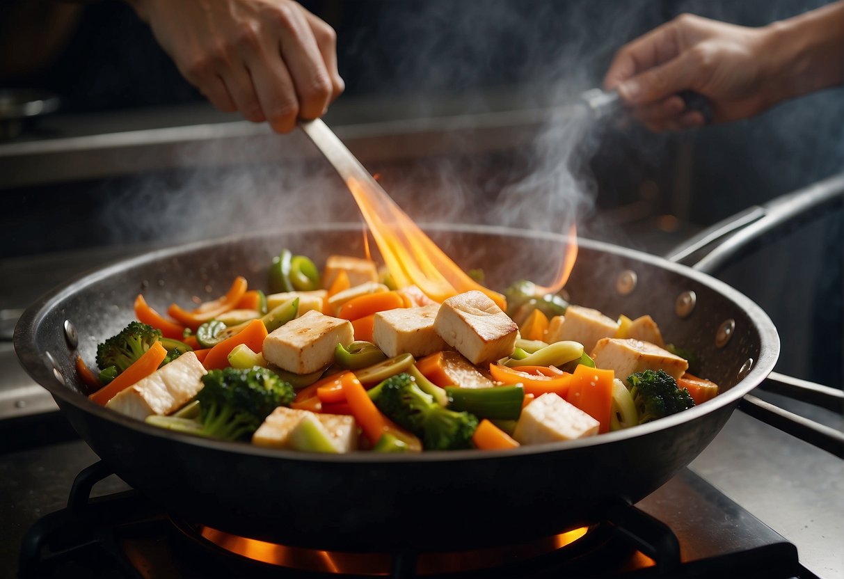 A wok sizzles as vegetables are stir-fried. Steam rises from a pot of steamed fish. A chef skillfully slices tofu for a tofu and vegetable stir-fry