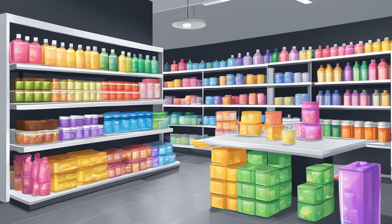 Liquid latex sold in a Singapore store. Shelves display various brands and sizes. Customers browse and purchase products at the counter