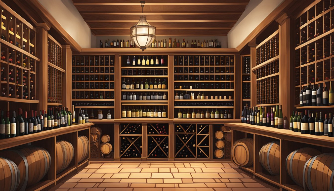 A wine cellar with rows of shelves showcasing bottles from around the world, accented with elegant lighting and a cozy tasting area