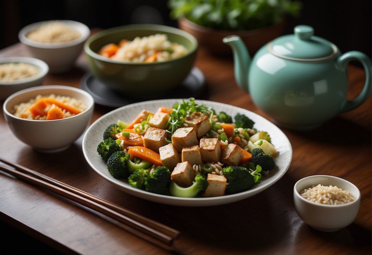 A table set with various healthy Chinese dishes, including steamed vegetables, stir-fried tofu, and brown rice. Chopsticks and a teapot complete the scene