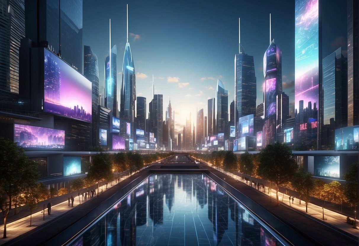 A futuristic city skyline with AI-powered holographic billboards showcasing personalized content to diverse audiences