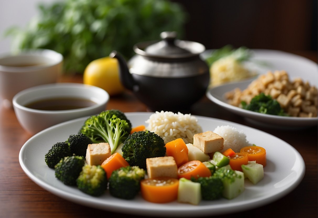 A table set with a colorful array of steamed vegetables, stir-fried tofu, and jasmine rice, accompanied by a pot of fragrant green tea