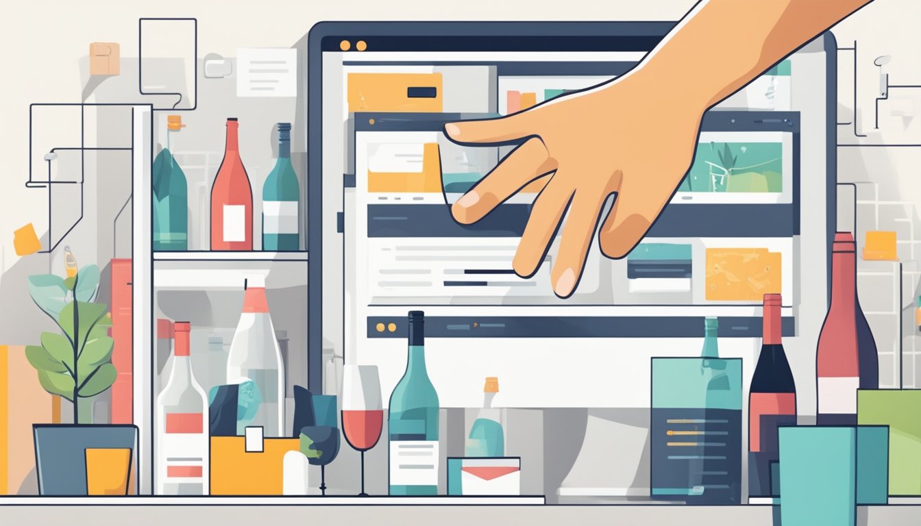 A hand reaching for a bottle of wine on a sleek, modern website interface with a seamless online shopping experience