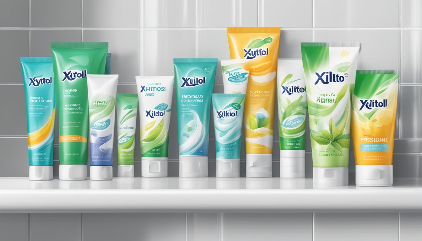 A variety of xylitol toothpaste brands displayed on a shelf in a bright, modern bathroom setting