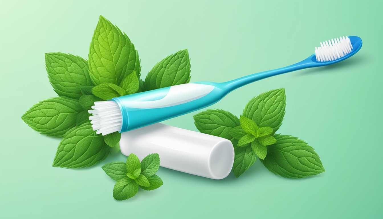 A tube of xylitol toothpaste surrounded by fresh mint leaves and a toothbrush
