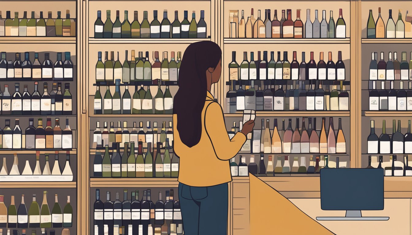 Customers browsing wine options online, with various bottles displayed on a virtual storefront. FAQs section visible