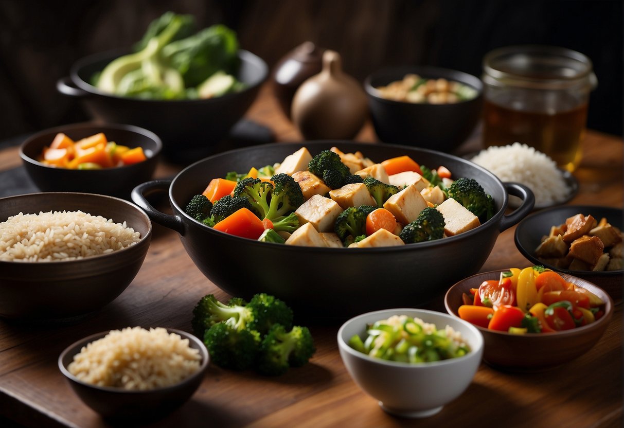 A table set with various healthy Chinese dinner dishes, including steamed vegetables, tofu stir-fry, and brown rice. A chef's hat and apron are displayed next to the dishes