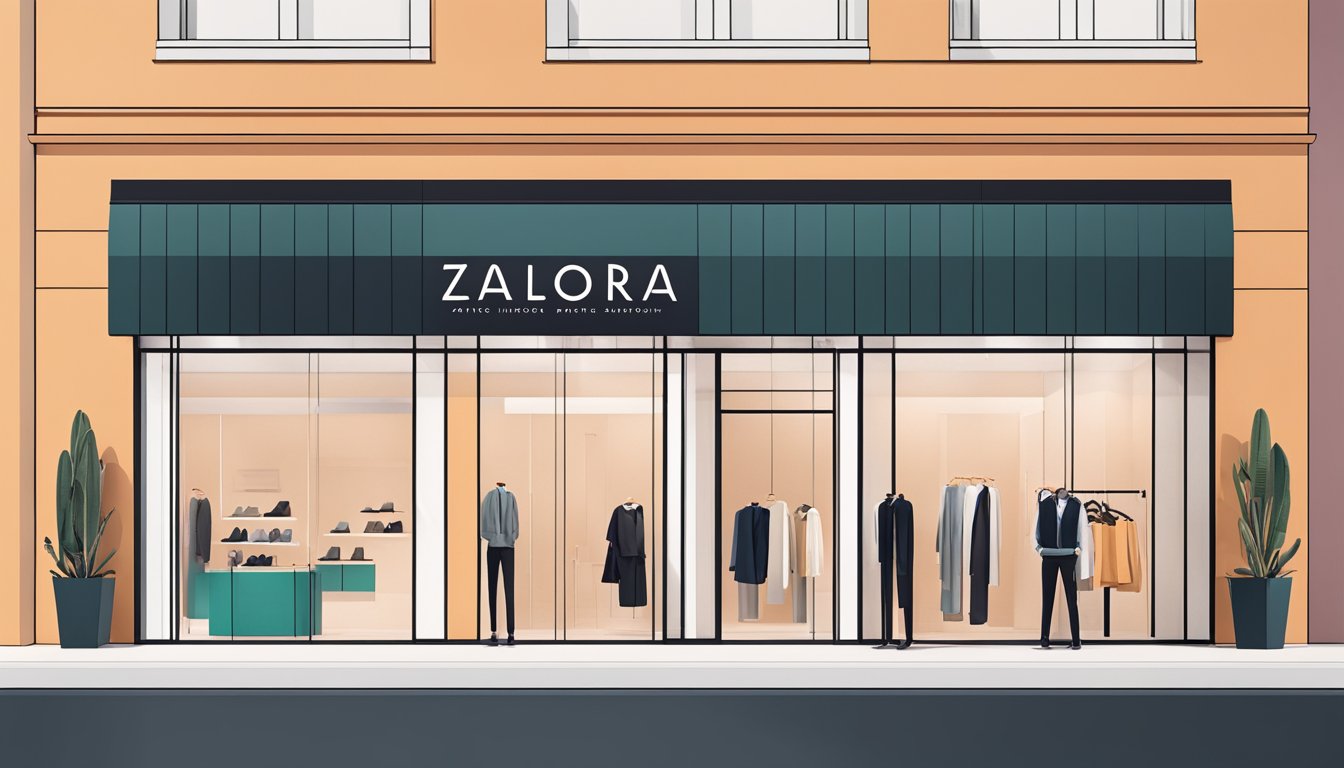 A modern, minimalist storefront with the Zalora in-house brand logo prominently displayed. Clean lines and bold colors draw in passersby
