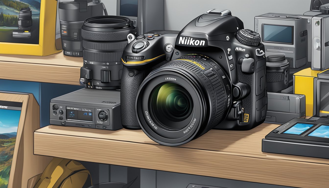 A Nikon DSLR camera sits on a display shelf at Best Buy, surrounded by other electronic devices and accessories
