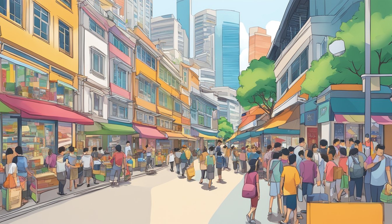 A bustling street in Singapore, with colorful shops and bustling crowds