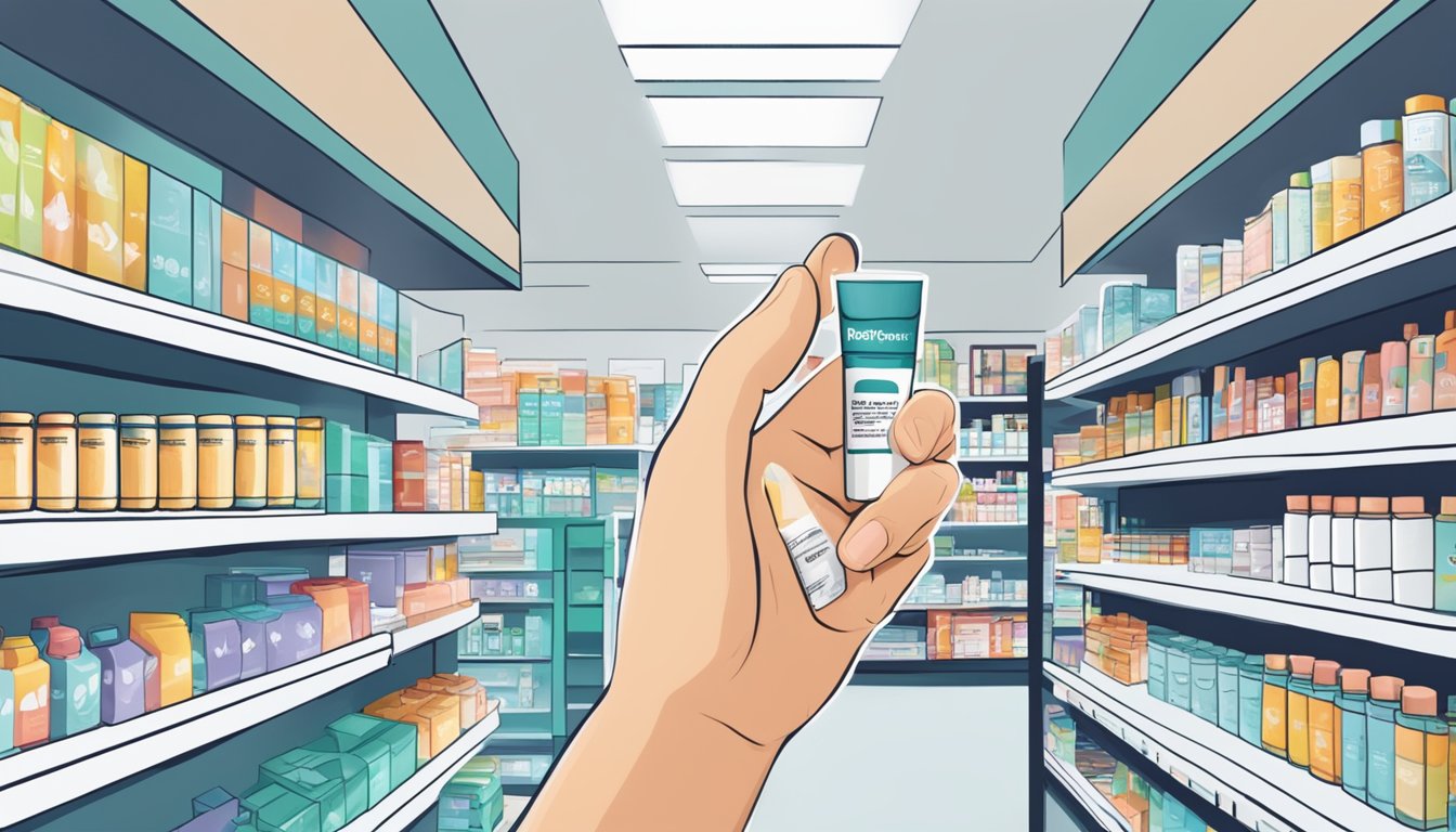 A hand reaching for a tube of Oracort E in a Singapore pharmacy, with a sign displaying "where to buy" in the background