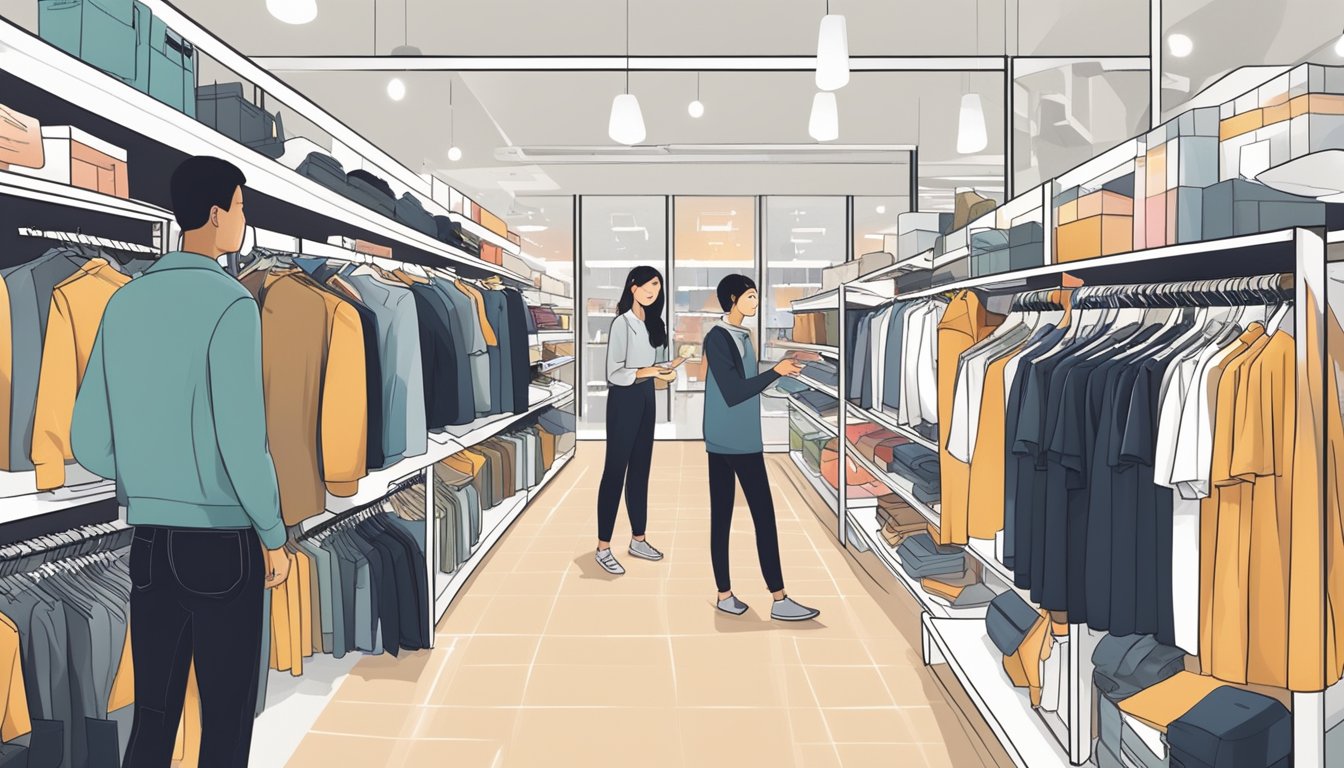 Customers browse Zalora's in-house brand, selecting items from neatly organized racks and shelves. Bright lighting and clean displays create an inviting atmosphere