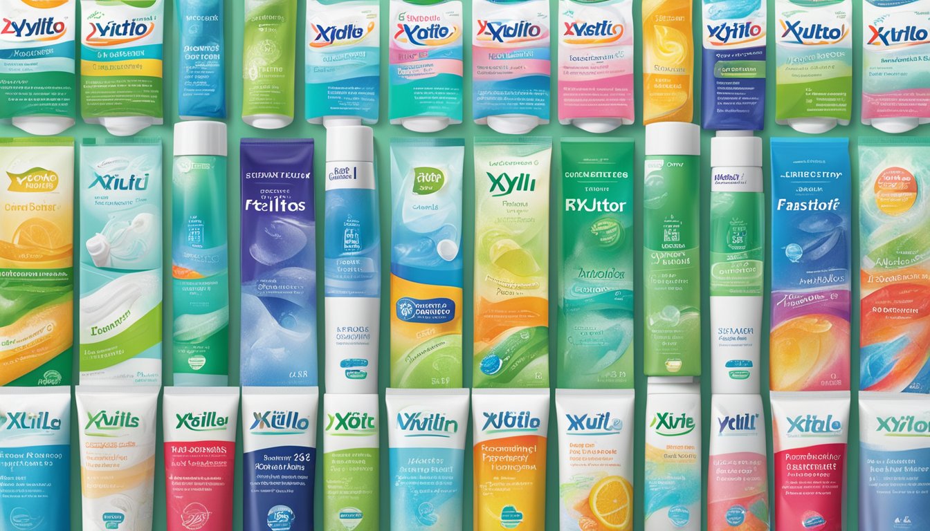 A display of various xylitol toothpaste brands with "Frequently Asked Questions" prominently featured