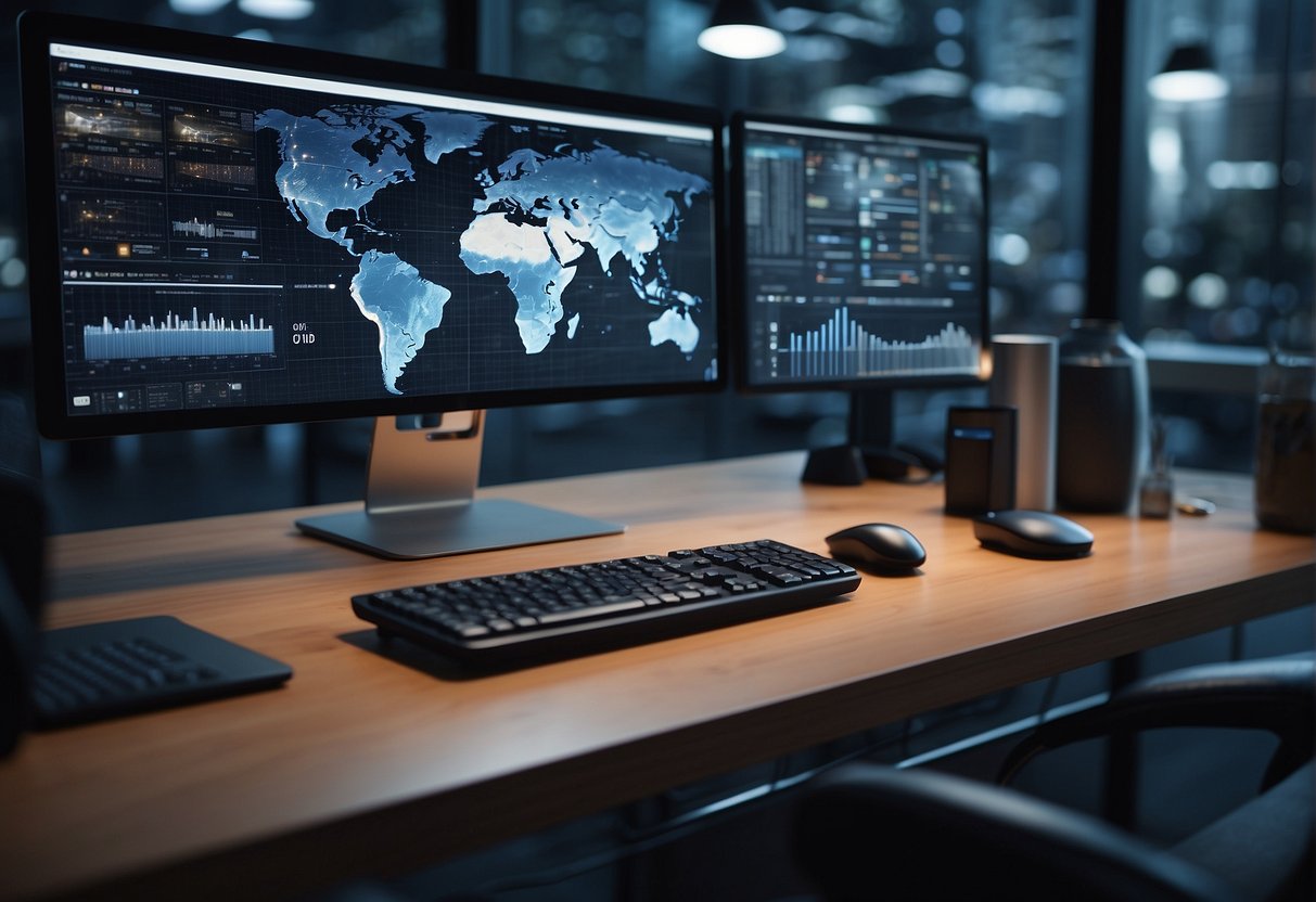 AI software organizes marketing tasks seamlessly. Digital interfaces display data flow. Future tech enhances content creation efficiency