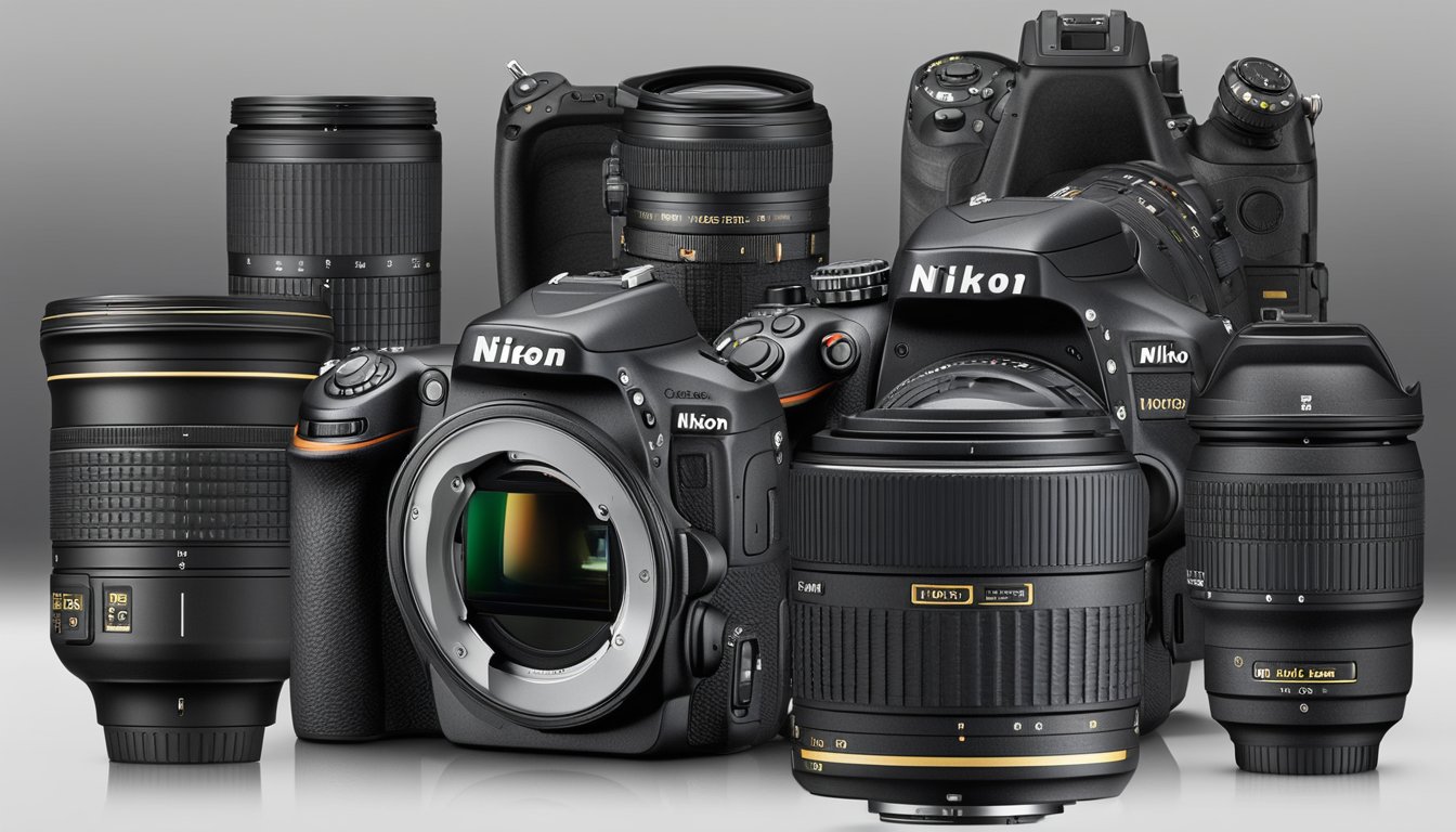 A Nikon DSLR camera sits on a sturdy tripod, surrounded by various lenses and accessories. The camera's LCD screen displays a crisp and vibrant image, showcasing its advanced features