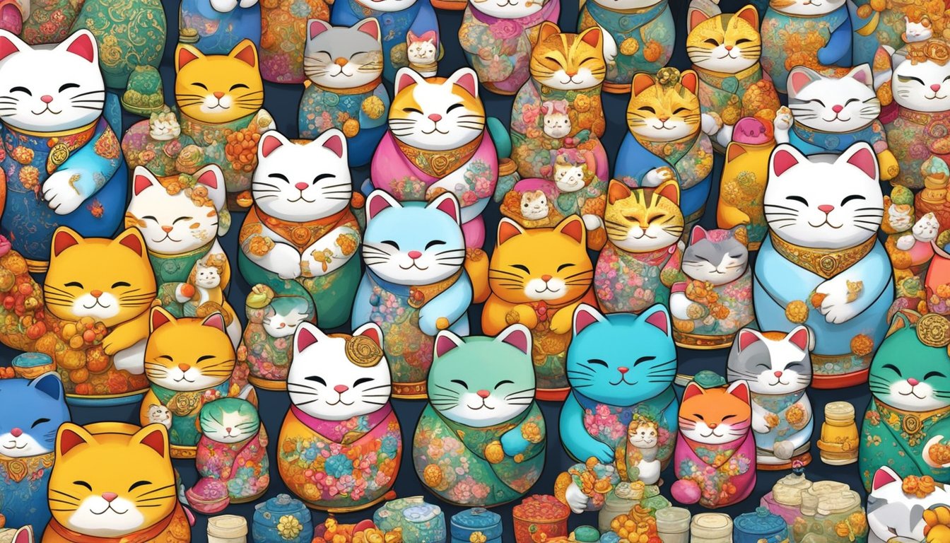 A colorful display of Maneki Neko figurines in a bustling Singapore market, with vendors showcasing various sizes and designs