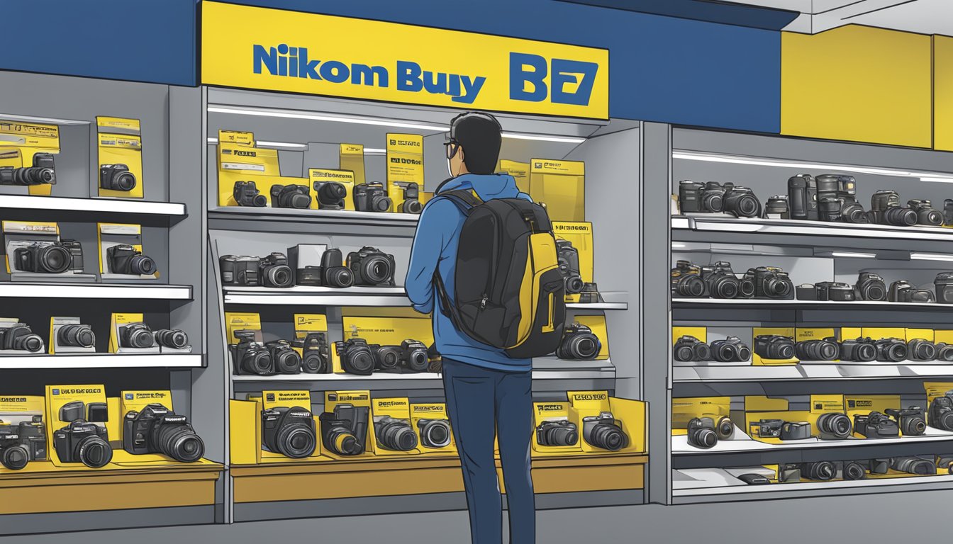 A person browsing a display of Nikon DSLR cameras at a Best Buy store, with a sign overhead reading "Frequently Asked Questions."