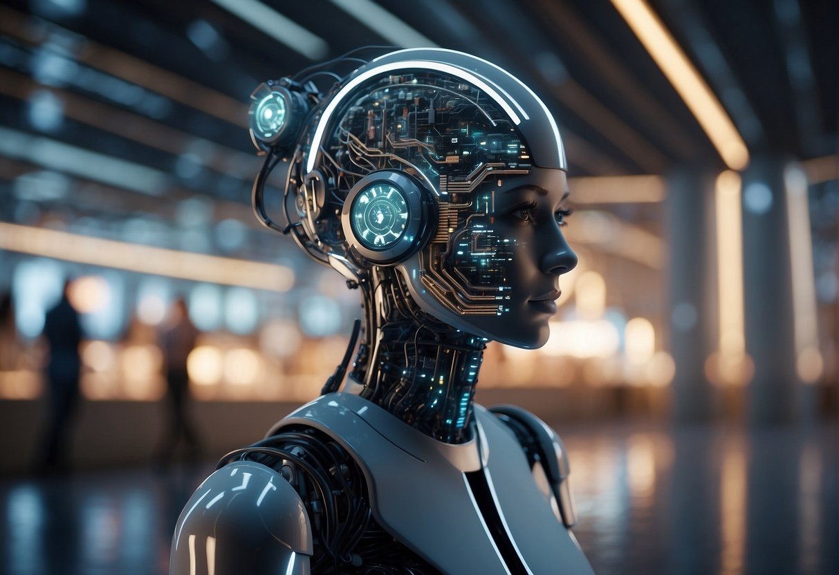 An AI algorithm analyzes data, while a digital marketing strategy enhances online visibility. The future of AI content marketing is depicted through futuristic technology and digital platforms