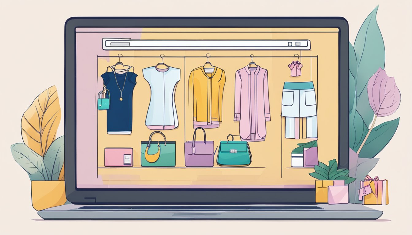 A computer screen displaying an online store with various women's clothing items, a credit card, and a shipping address in Australia