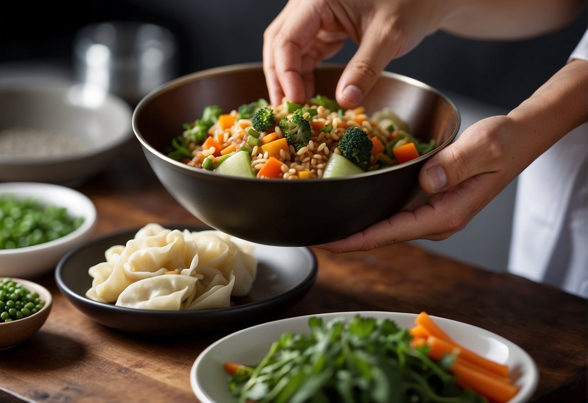 Fresh vegetables and lean ground meat filling a bowl. A chef folds delicate dumpling wrappers over the savory mixture