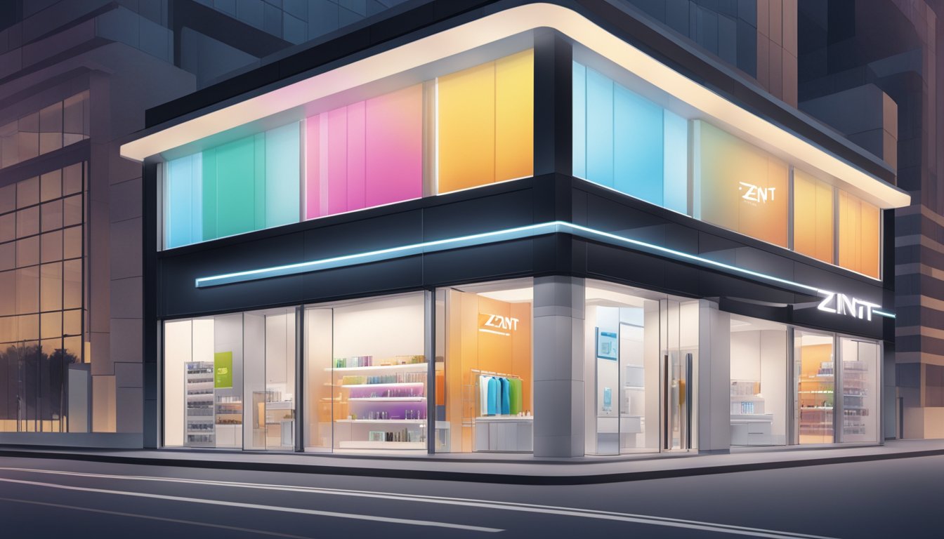 A sleek, modern storefront with "Innovative ZNT Products" branding prominently displayed. Bright lights and clean lines give off a futuristic vibe